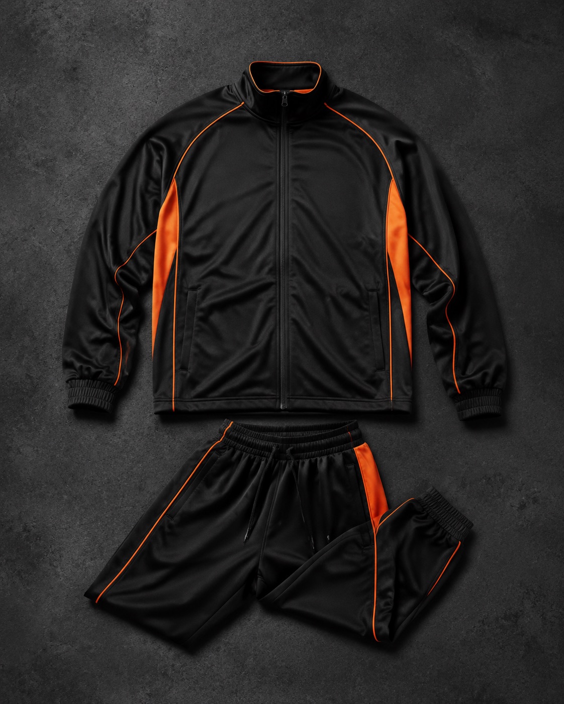 Matching basketball travel tracksuit with contrast piping, flat lay