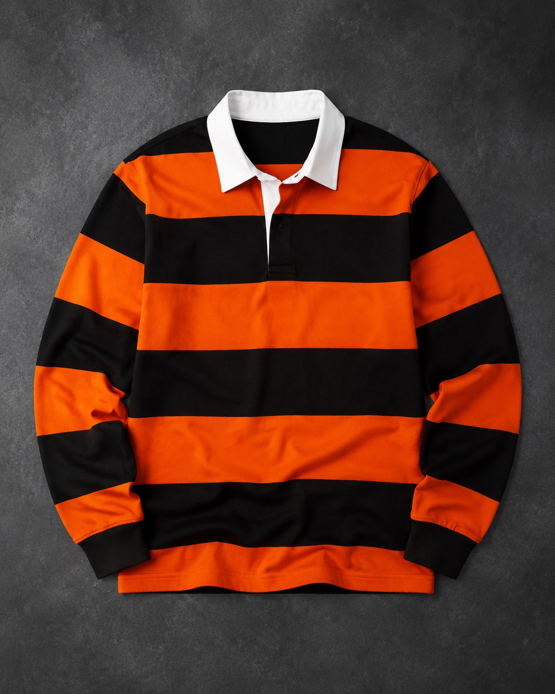 Hooped cotton rugby heritage shirt with a white rib collar, flat lay