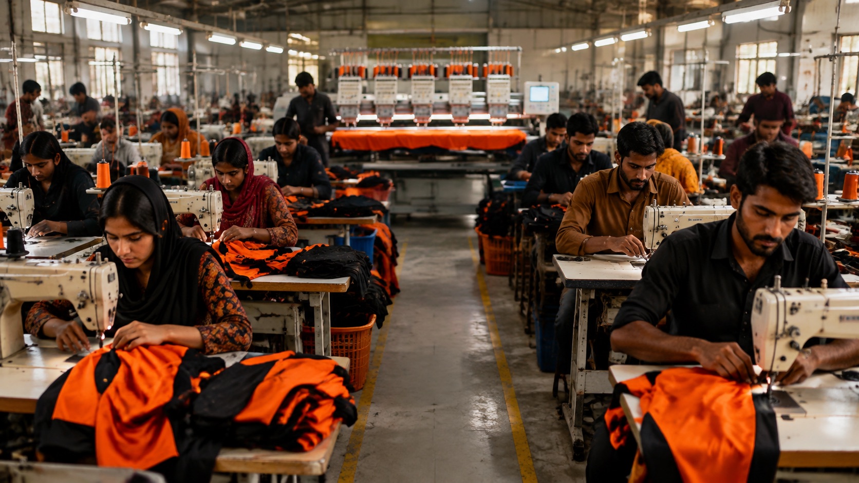 Production floor at Addahar Enterprises with rows of sewing machines and operators assembling custom orange and black teamwear