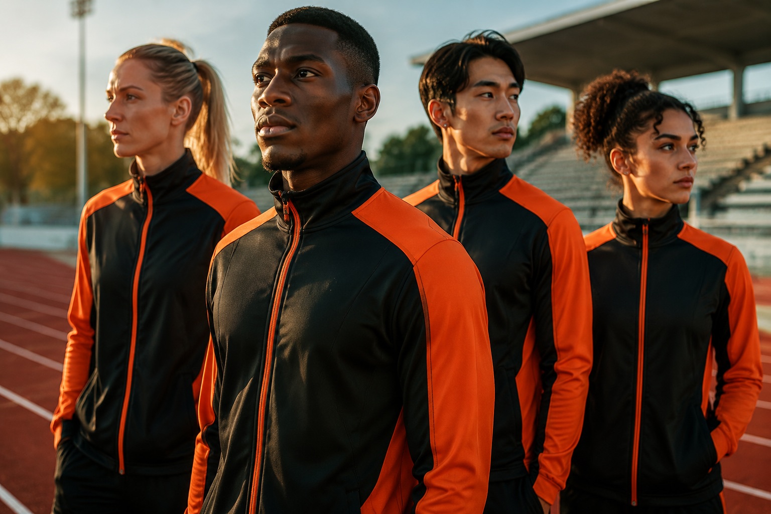 Athletes in matching warm-up jackets trackside