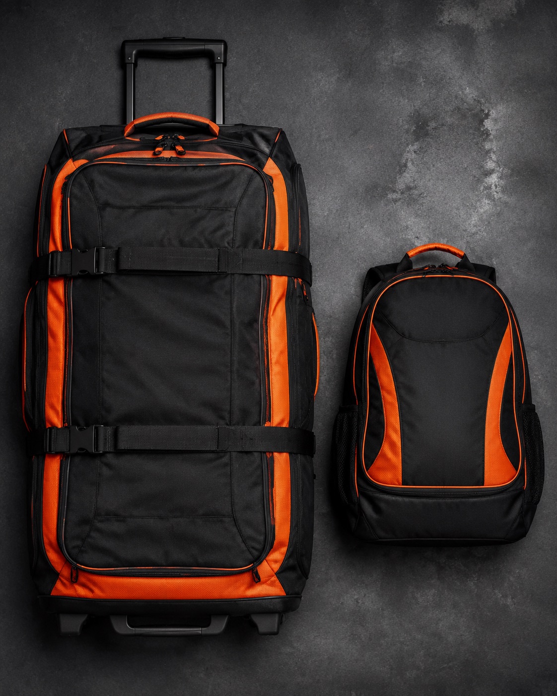 Large wheeled American football equipment bag beside a backpack, flat lay
