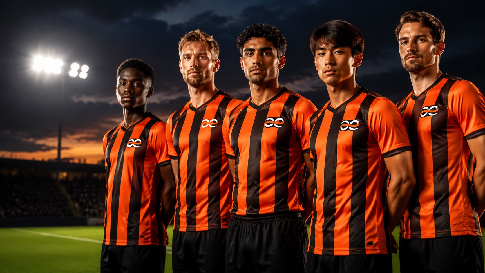 Football squad in custom orange and black Addahar match kits lined up on a floodlit pitch