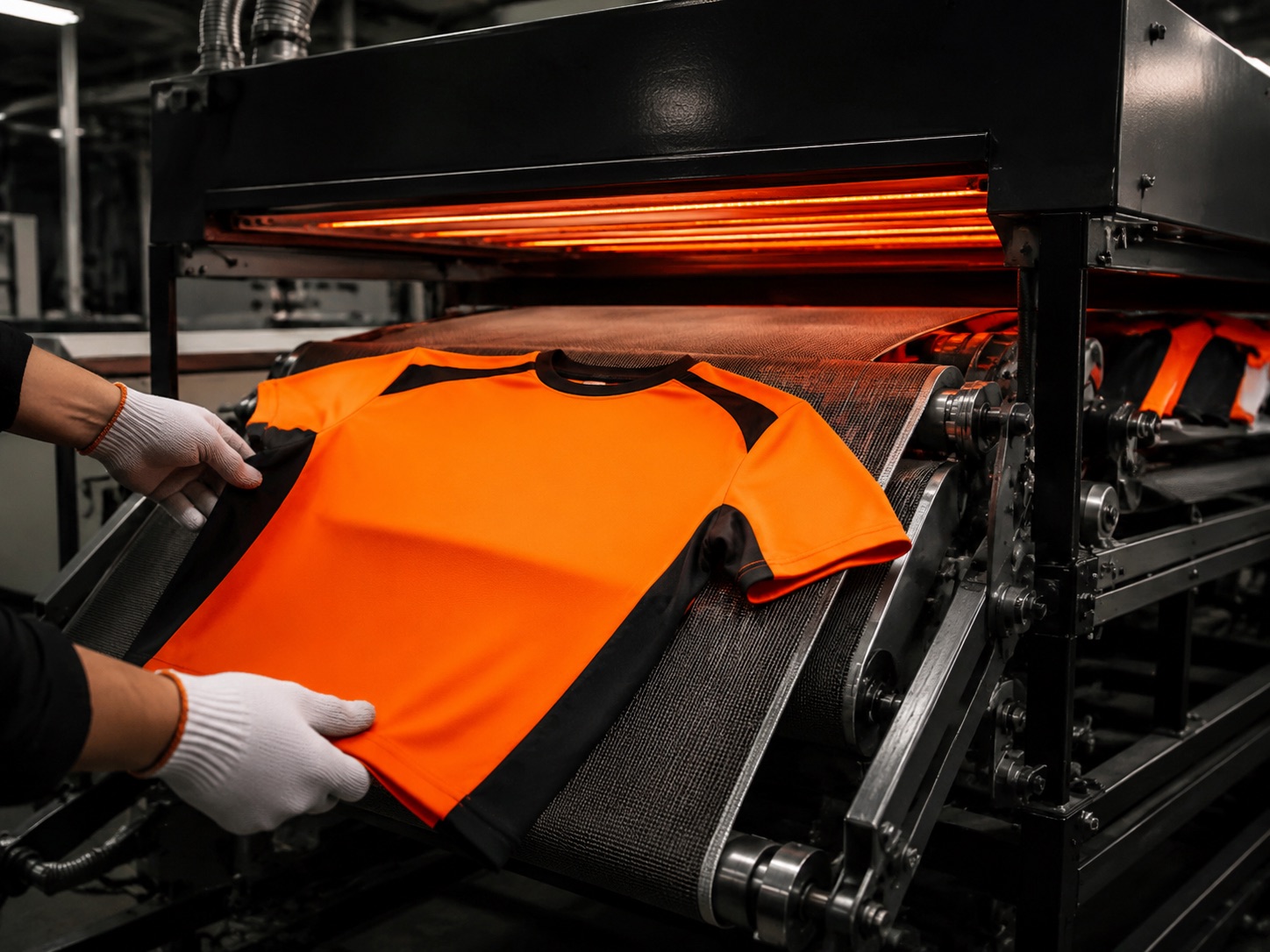 Freshly printed garments passing through a curing tunnel