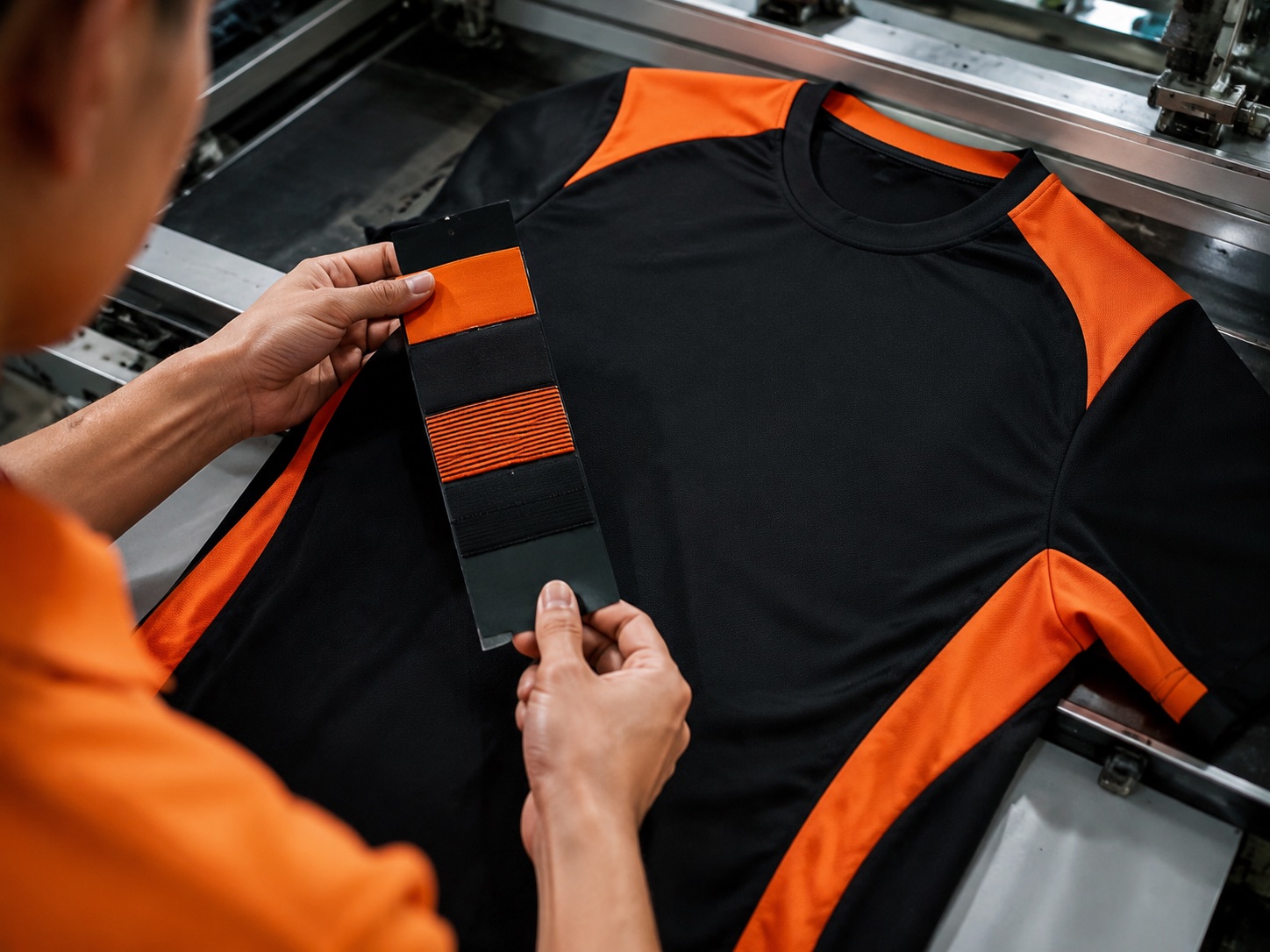 Woven label sample strip being inspected against artwork