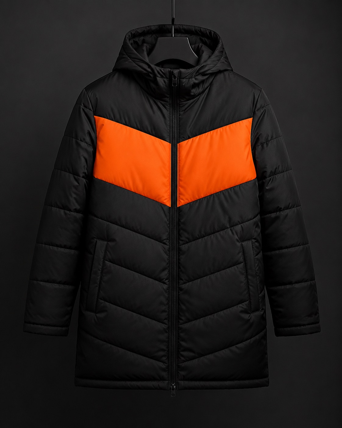Padded black club jacket with orange panelling