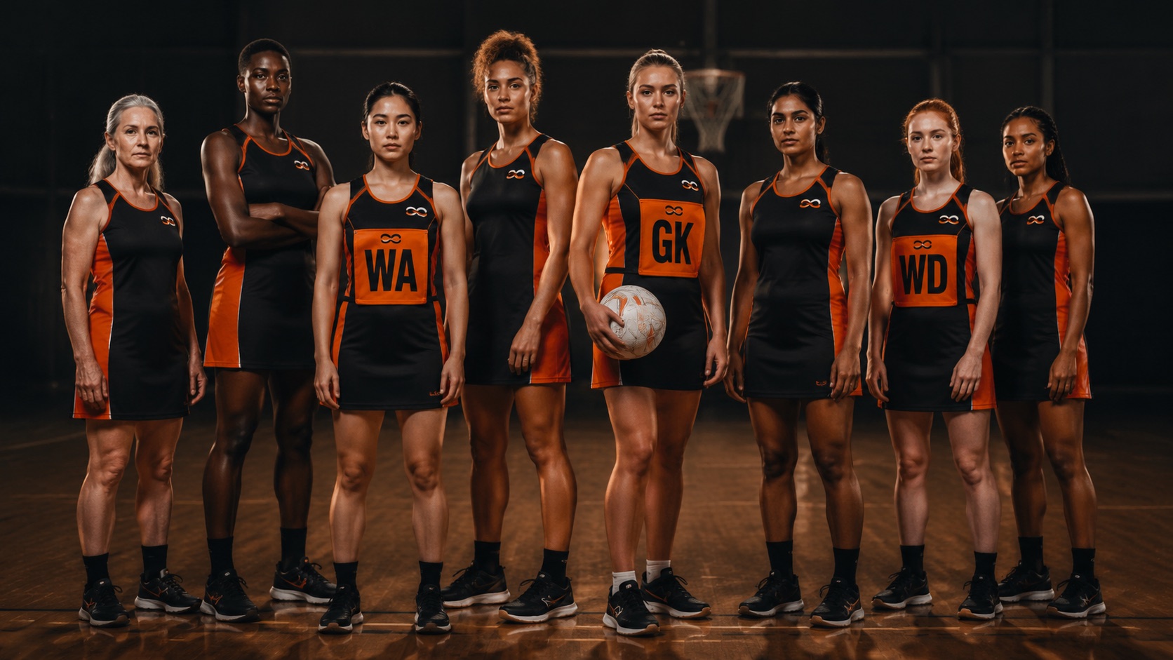 Netball squad in custom orange and black Addahar dresses and position bibs on an indoor court