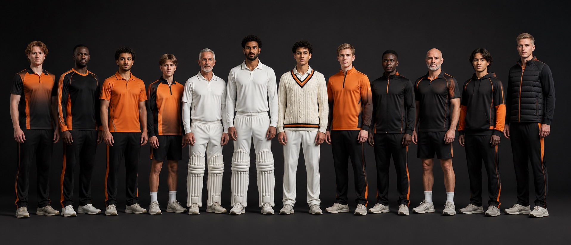 Cricketers side by side wearing the full club range, from coloured limited-overs kit through whites to sweater and training top