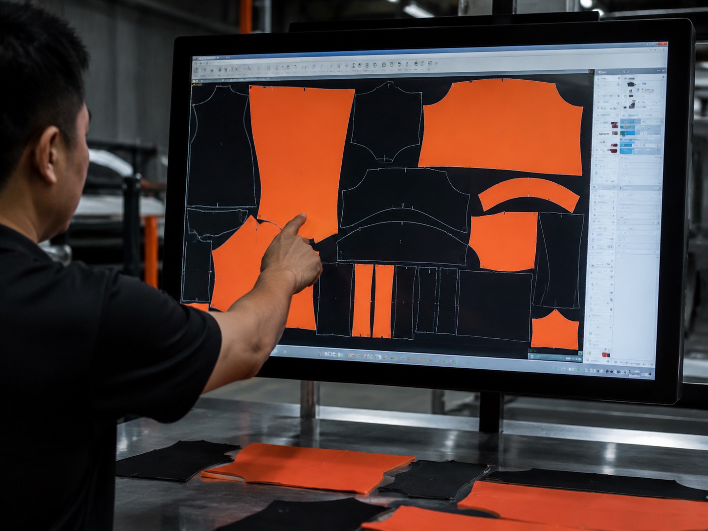 Graded garment pattern pieces nested into a cutting marker on screen