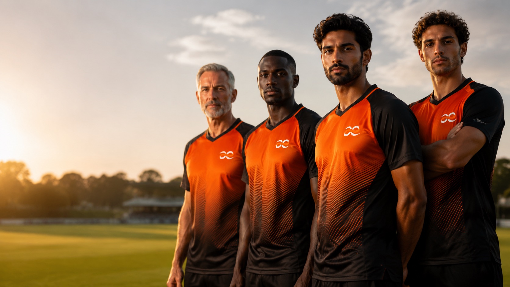 Cricket team in custom orange and black Addahar coloured limited-overs kit walking out onto a ground