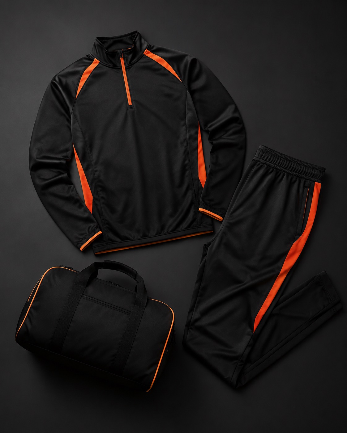 Black quarter-zip travel top and matching trousers with holdall