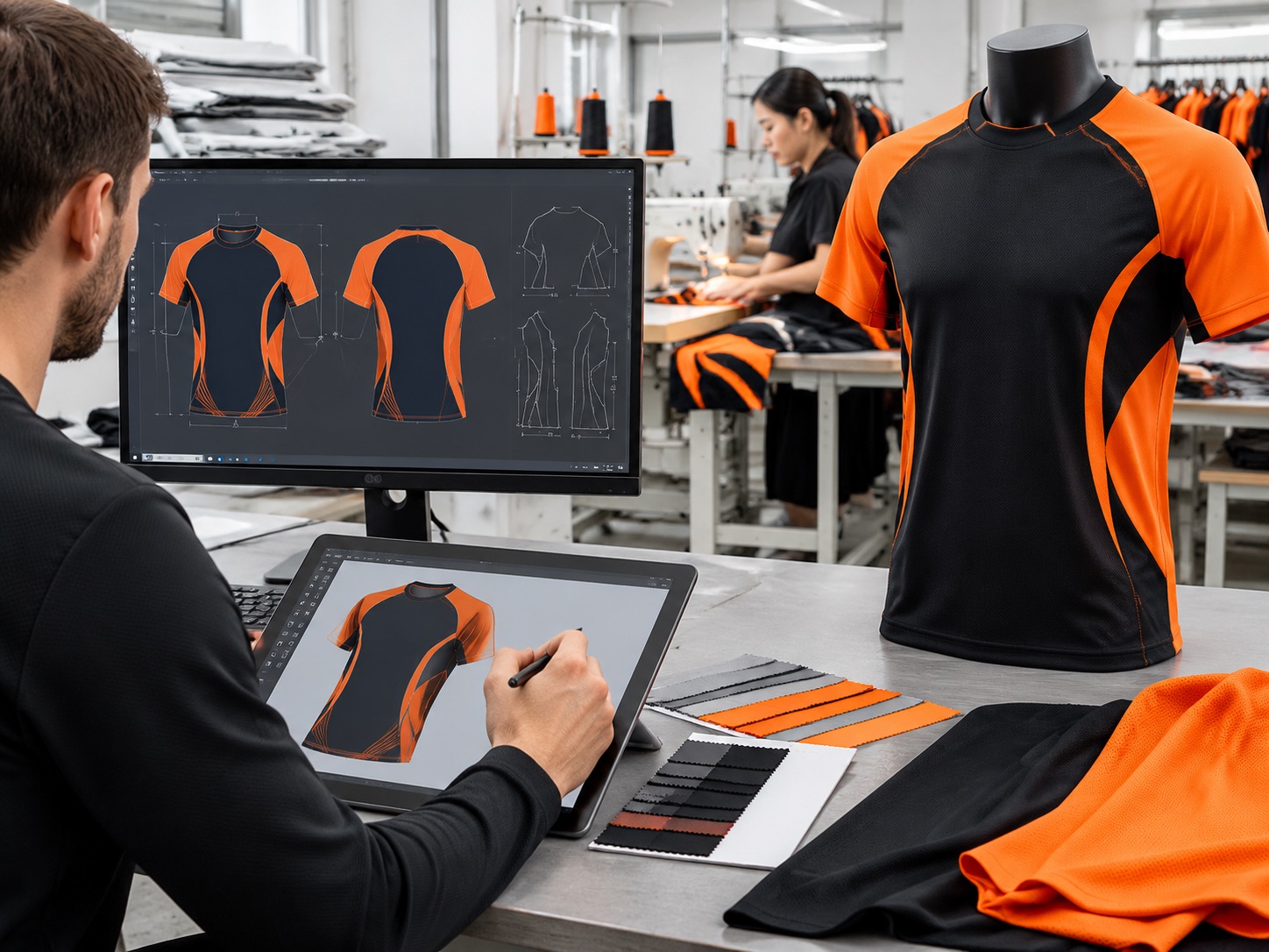 Digital garment pattern being drafted on screen with measurement annotations