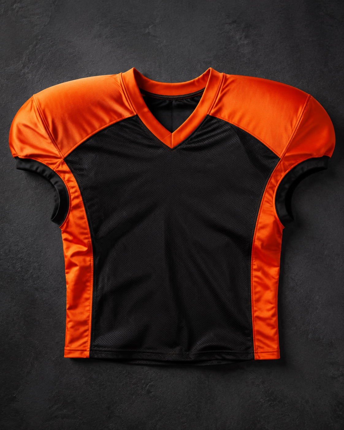 Custom American football game jersey cut over shoulder pads, flat lay