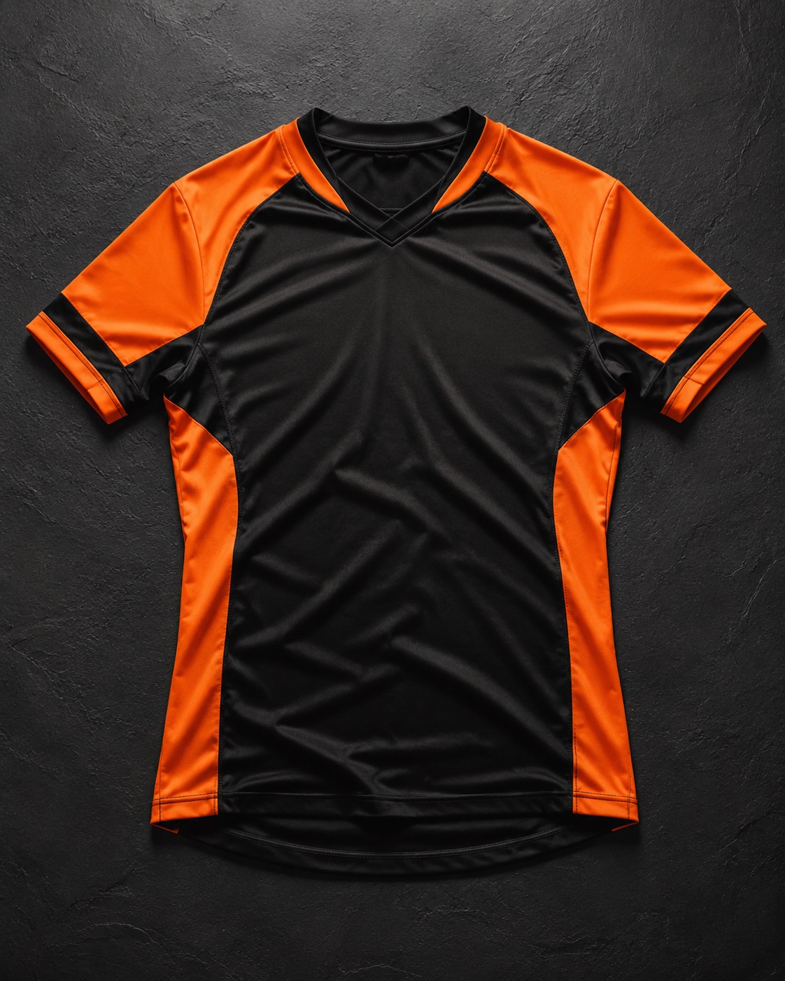 Custom tight-fit rugby match jersey, flat lay on dark charcoal