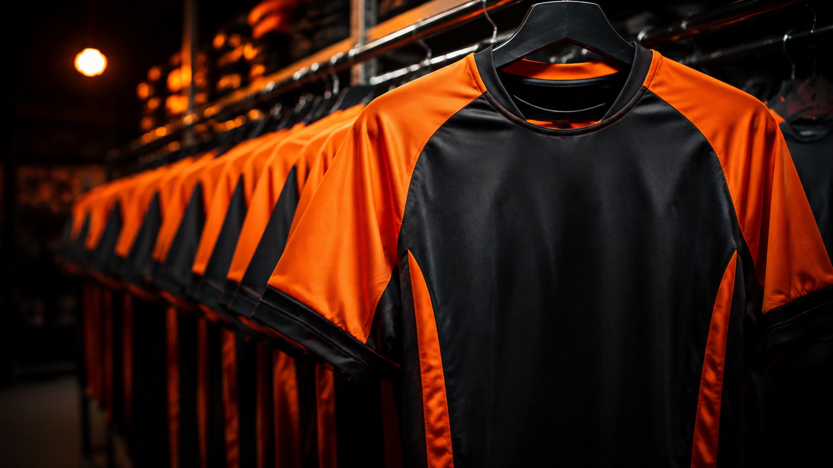 Rack of finished sportswear garments ready to be rebranded and dispatched