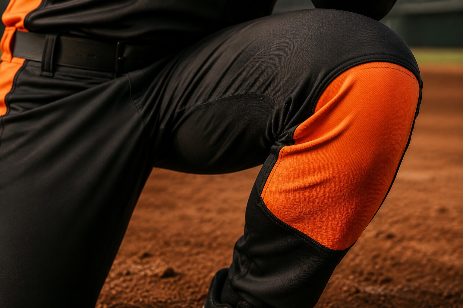 Close detail of baseball pants showing a reinforced knee panel