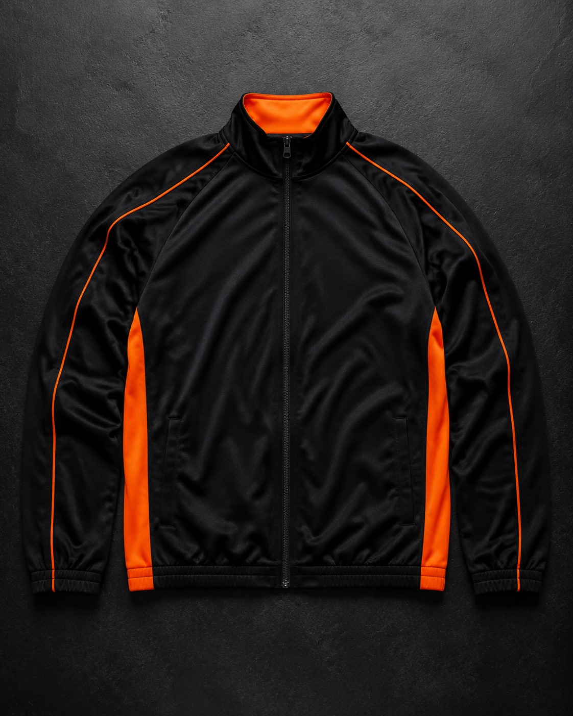 Basketball warm-up jacket with contrast piping, flat lay on dark charcoal