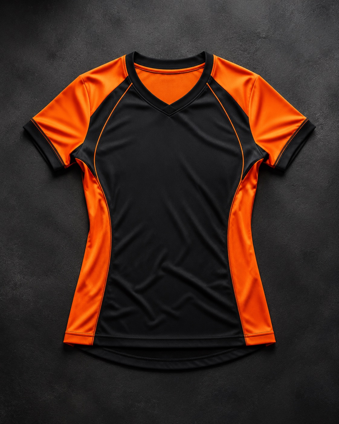 Women’s fit volleyball match jersey, flat lay on dark charcoal