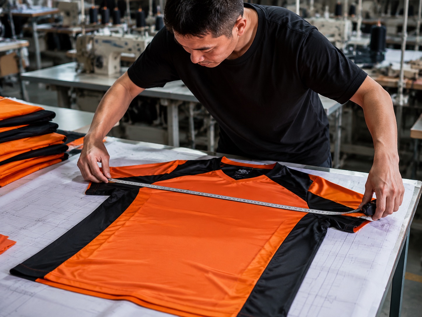 Pattern maker taking measurements from a reference garment on a table