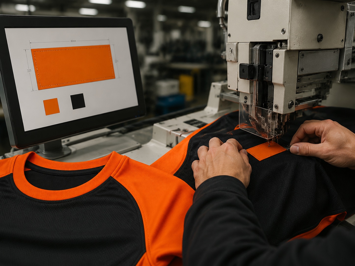 Woven label artwork being specified to size on screen beside colour references