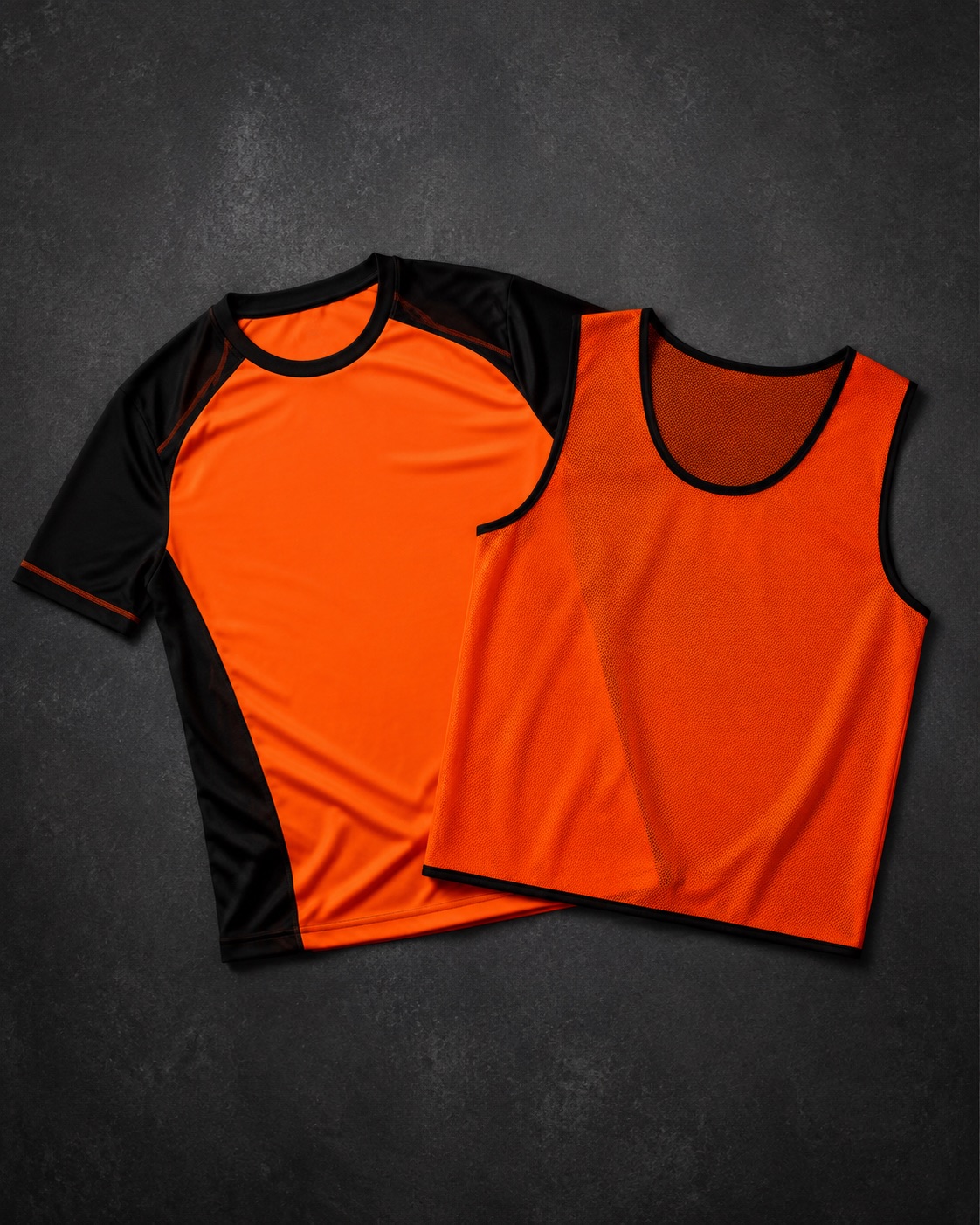 Field hockey training tee beside a mesh training bib, flat lay
