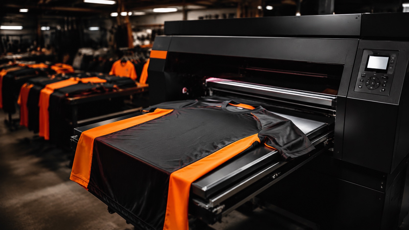 Epson direct-to-garment printer laying colour onto a shirt held on the platen in a print workshop