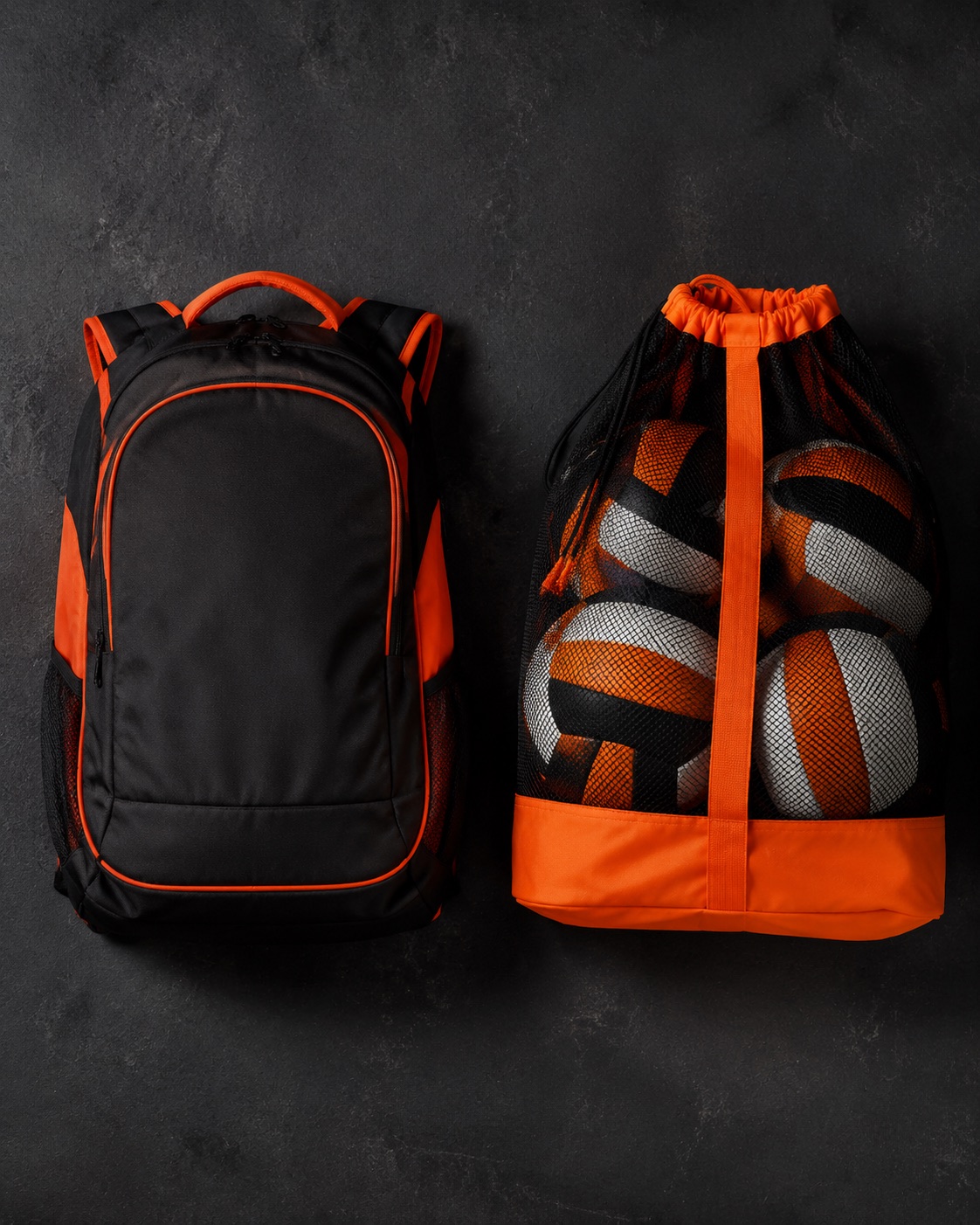Volleyball squad backpack beside a mesh ball bag, flat lay