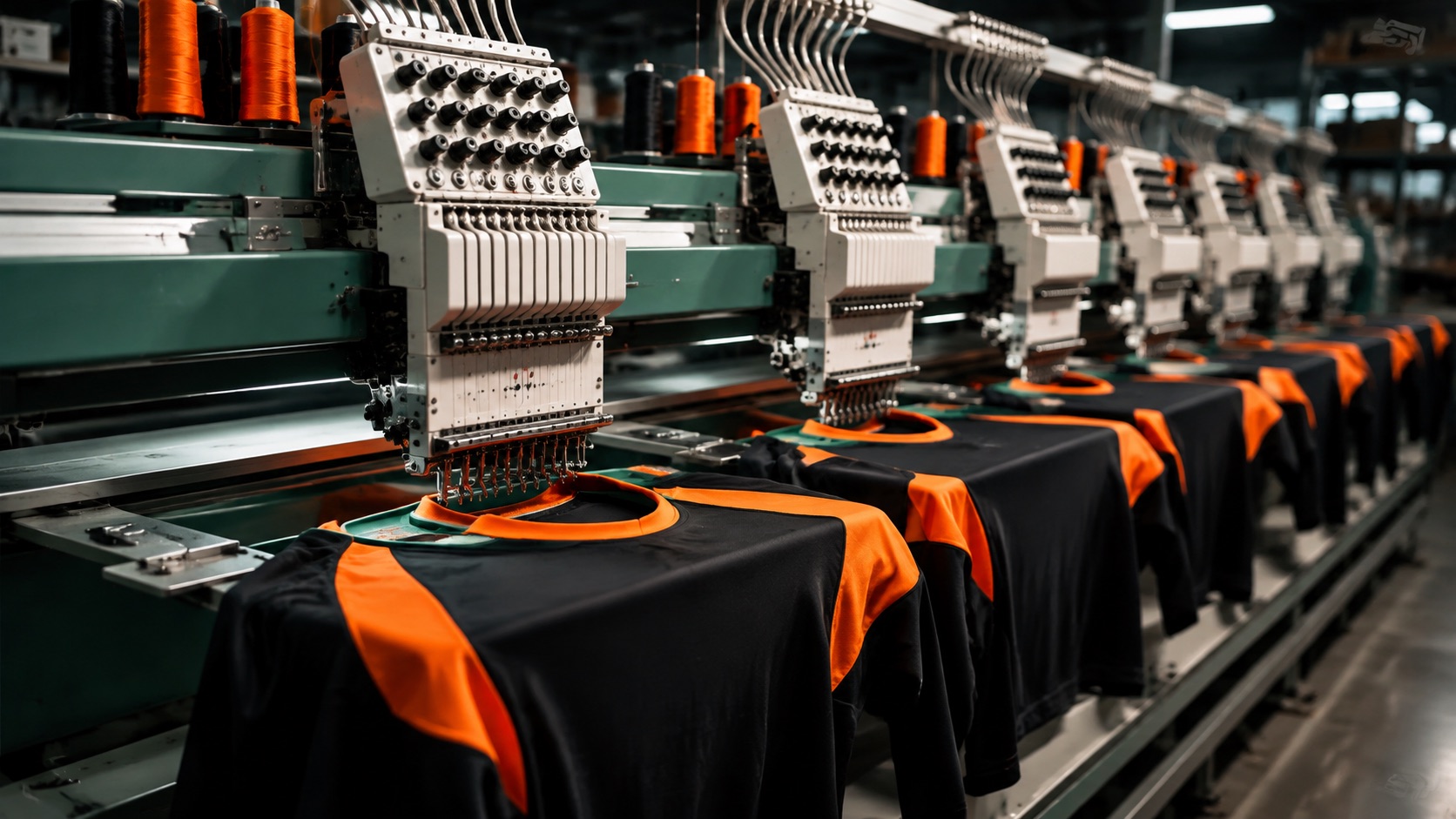 Multi-head Tajima embroidery machines running simultaneously on an apparel factory floor