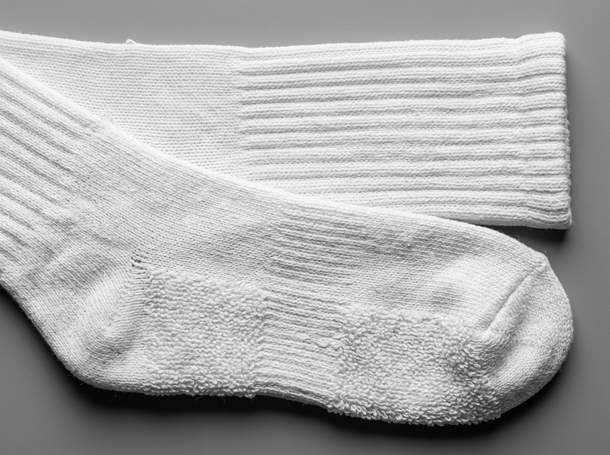 Extreme macro of a knitted white sock showing ribbing and terry loops