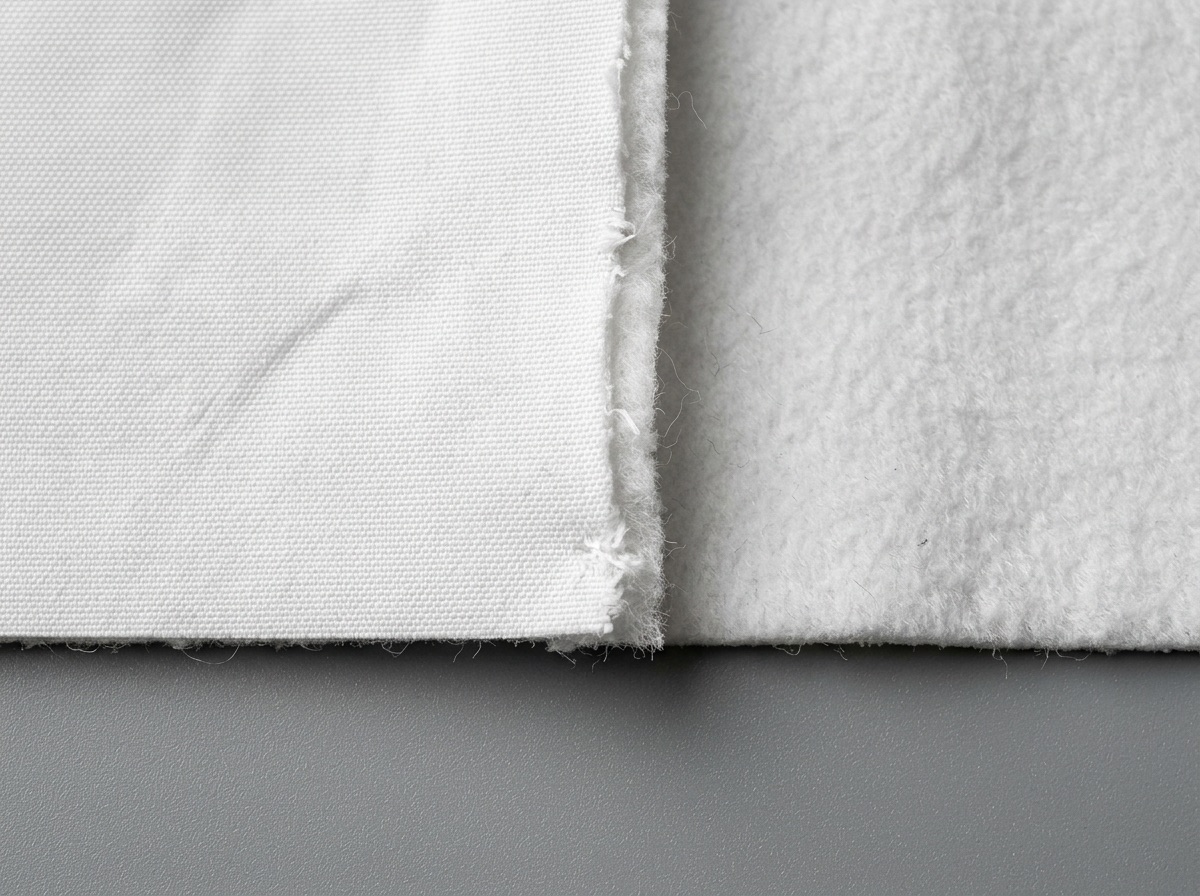 Extreme macro of white bonded softshell at a cut edge showing both layers