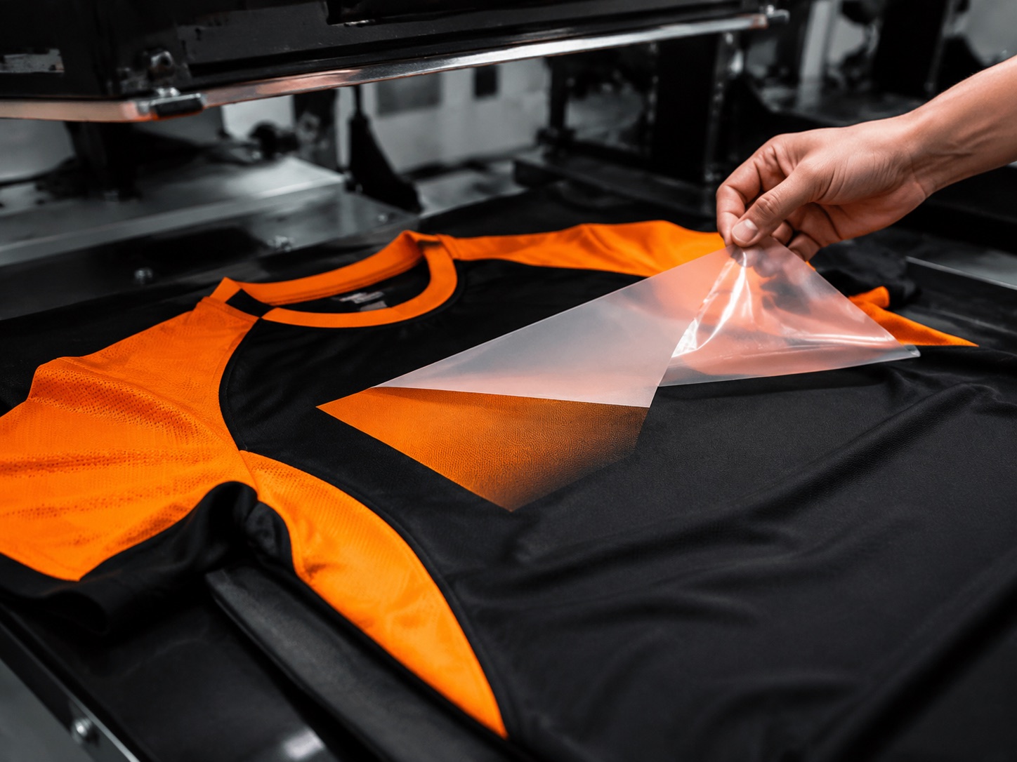 Carrier film being peeled from a freshly pressed DTF print on a garment