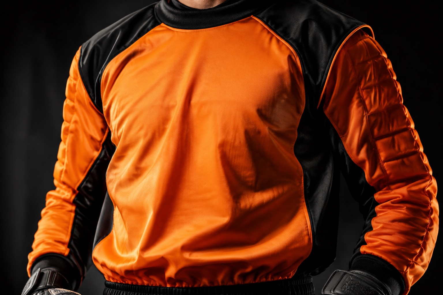 Close detail of an oversized goalkeeper smock cut to fit over body armour