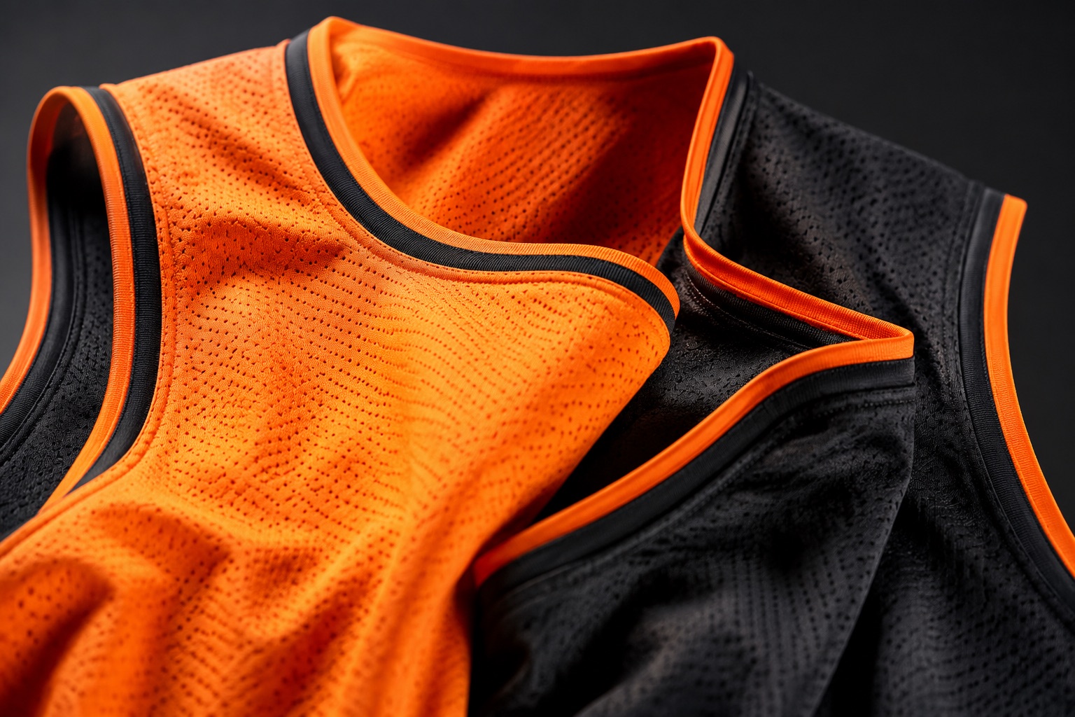 Close detail of a reversible basketball jersey folded to show both coloured faces