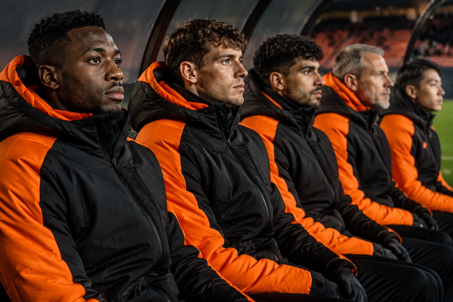 Football players in matching sideline parkas along the bench