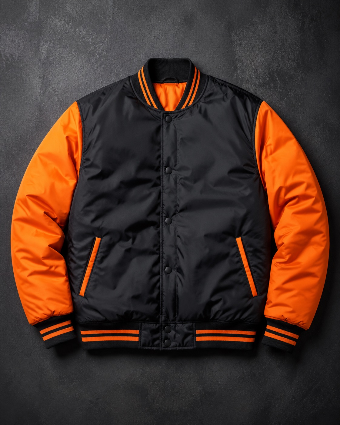Insulated baseball dugout jacket, flat lay on dark charcoal