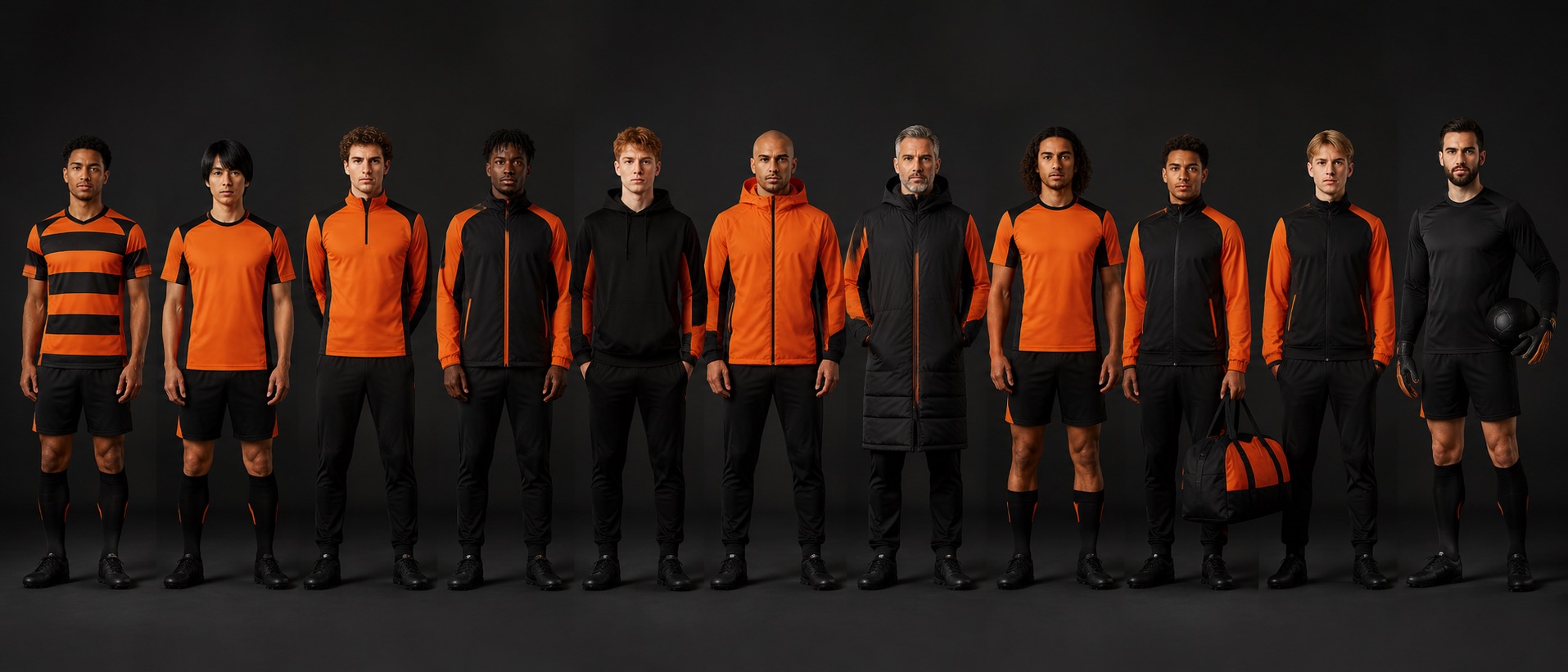 Eleven football players side by side wearing every layer of the same club range, from match kit to bench coat