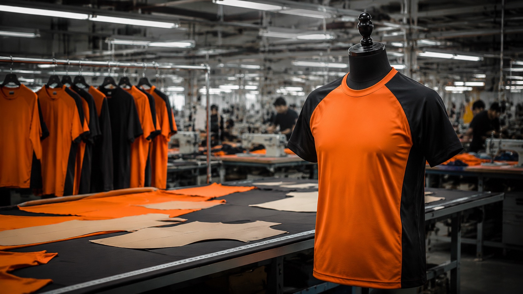 Sample room in an apparel factory with pattern pieces, sample garments on a rail and a measuring table