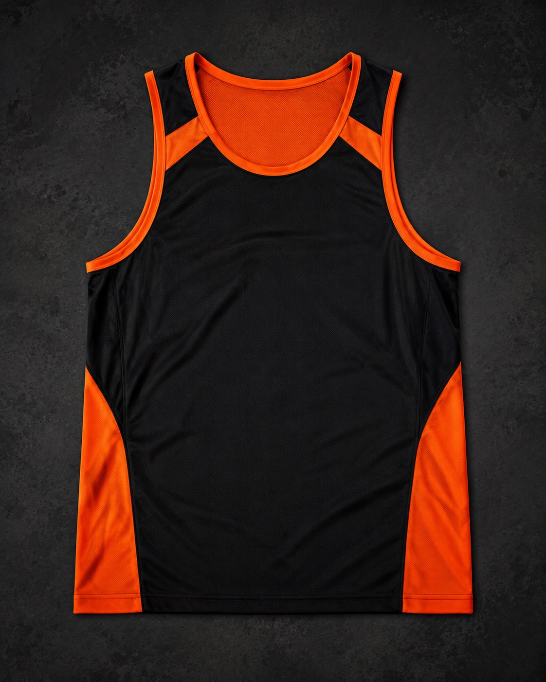 Custom lightweight athletics racing vest, flat lay on dark charcoal