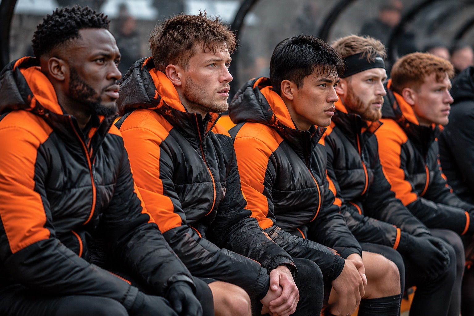 Rugby players in matching orange and black bench jackets on a cold touchline