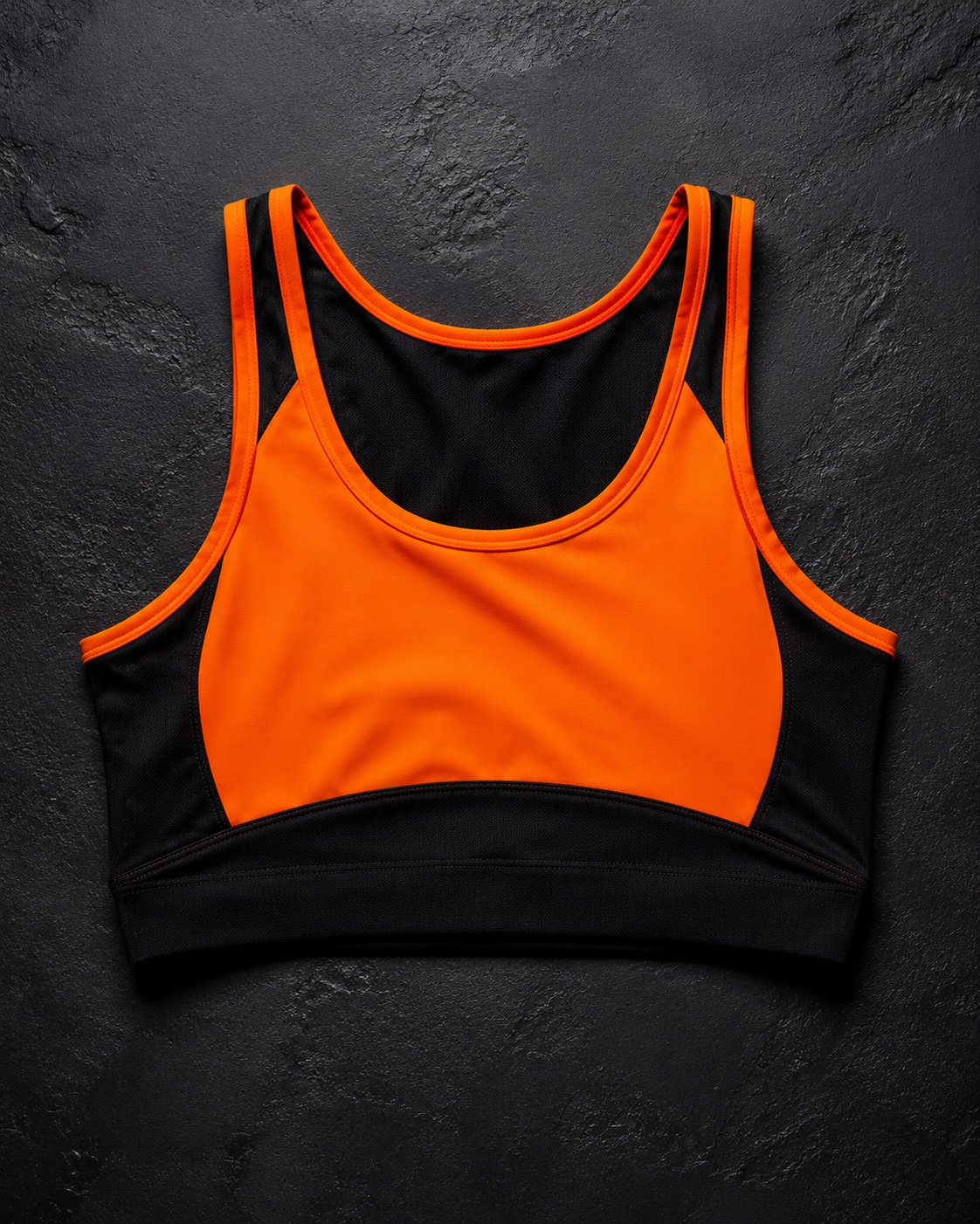 Athletics crop top with bound edges, flat lay on dark charcoal