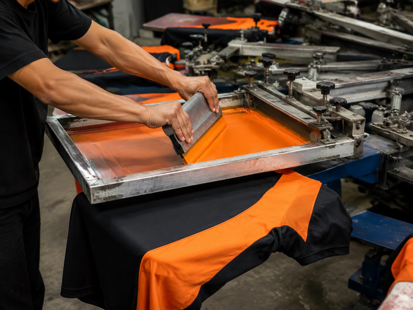 Squeegee pulling ink through a screen onto a garment on a printing carousel