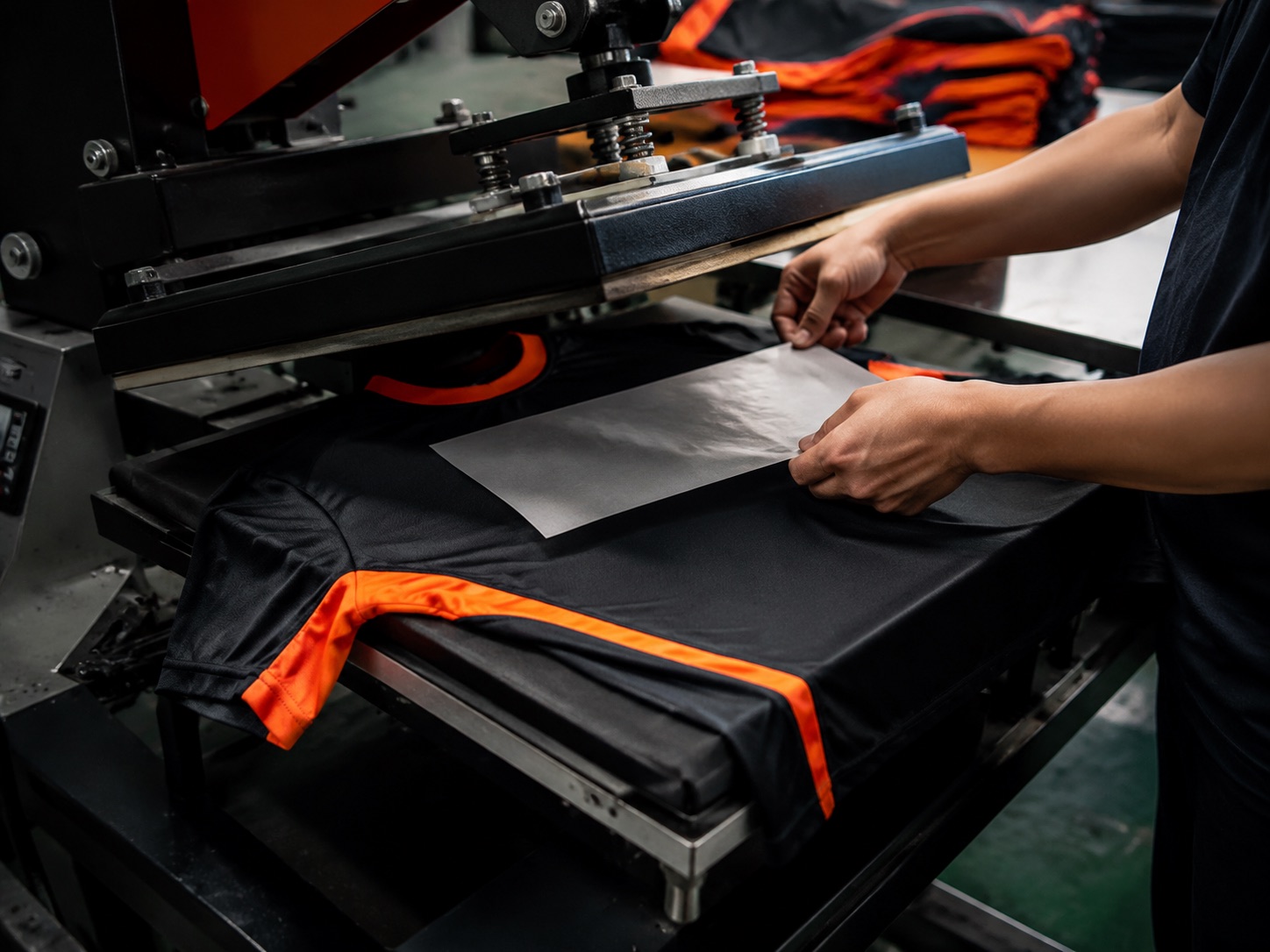 Heat press applying a direct-to-film transfer onto a dark garment