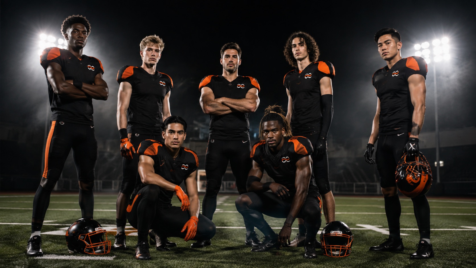 American football squad in custom orange and black Addahar uniforms on a floodlit field