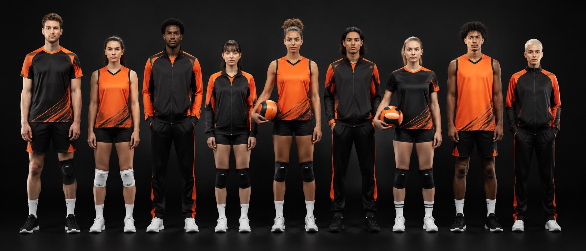 Volleyball players side by side wearing the full club range, from match jersey to warm-up jacket