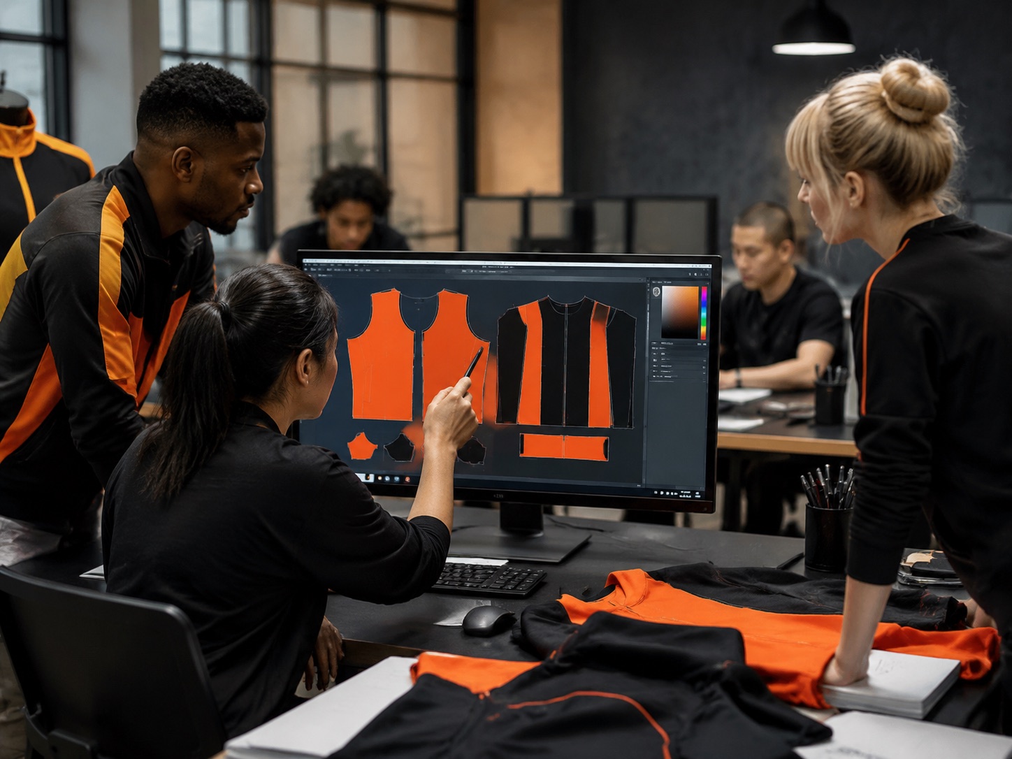 Designer laying out sportswear artwork across garment pattern pieces on screen
