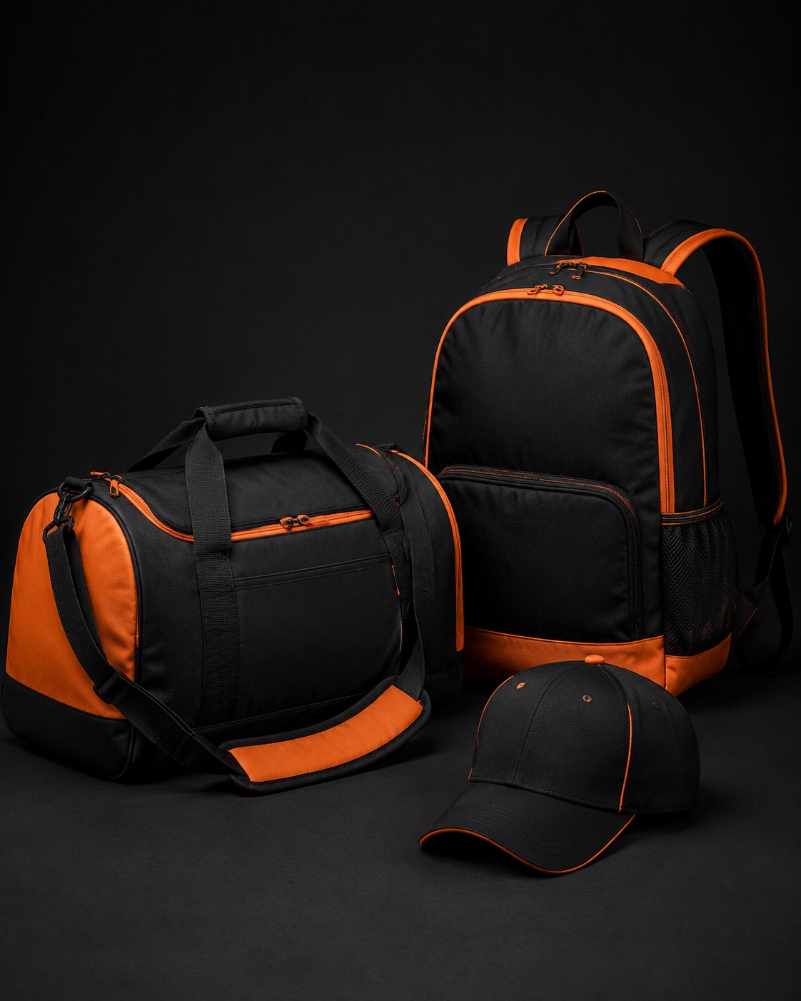 Club backpack, cap and holdall in black and orange