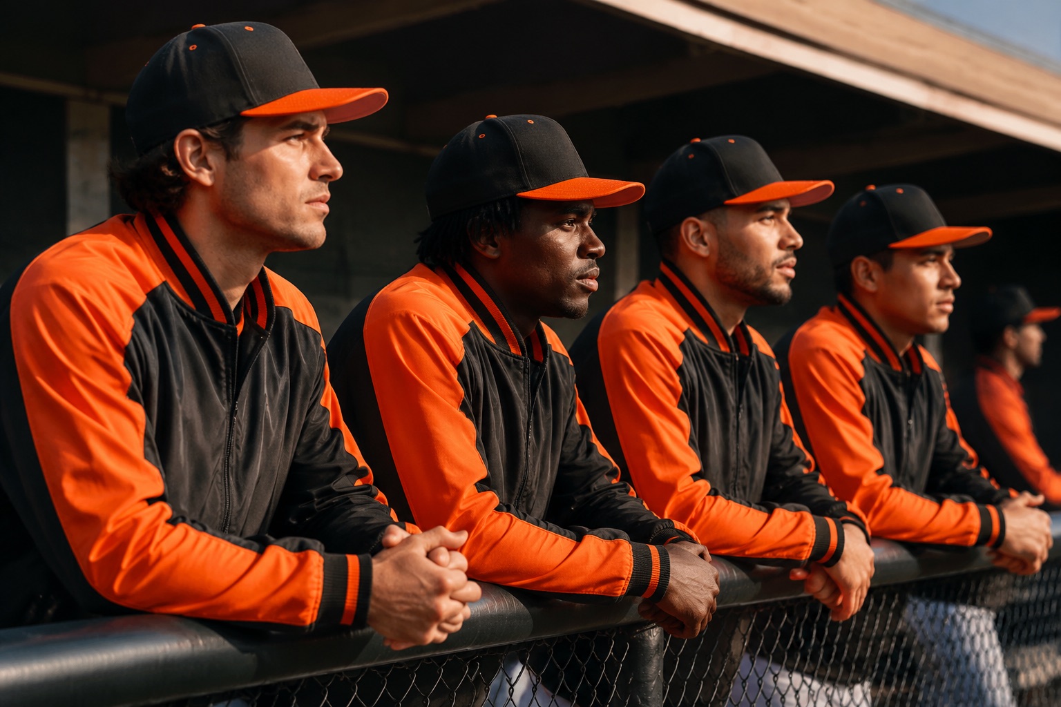 Baseball players in matching dugout jackets along the fence