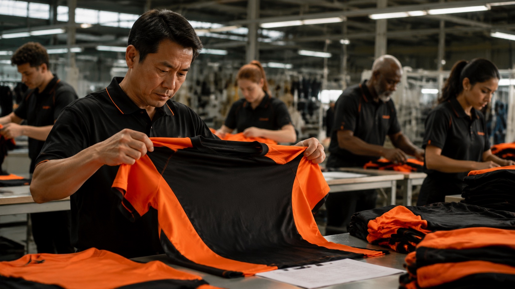 Quality control inspector measuring a finished garment against a specification sheet in a factory