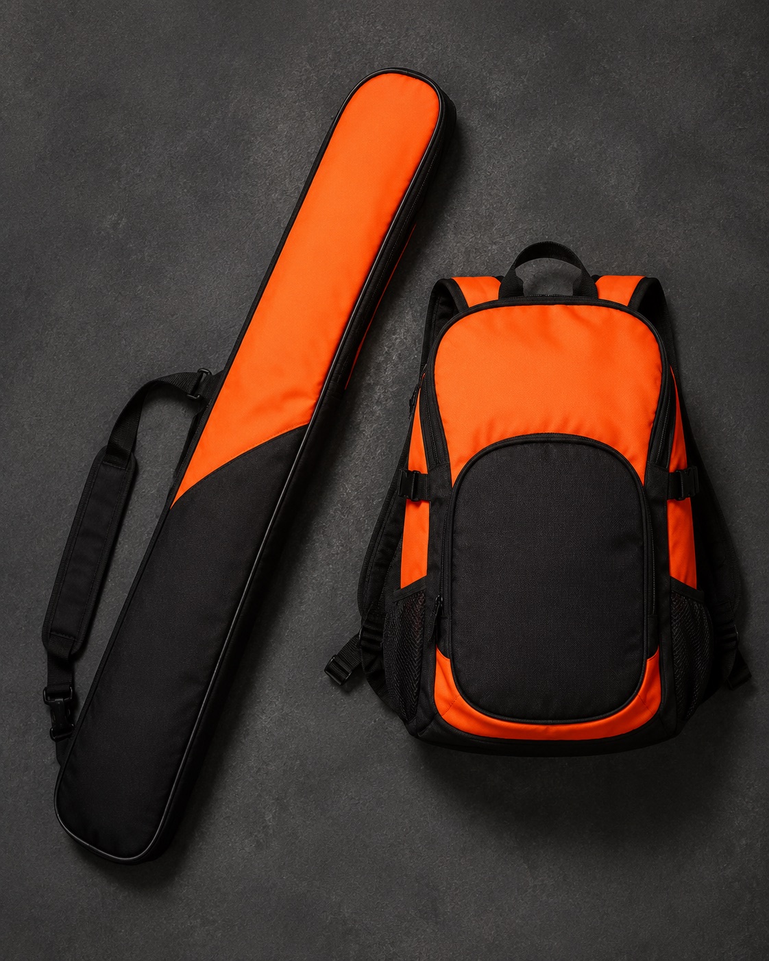 Field hockey stick bag beside a squad backpack, flat lay