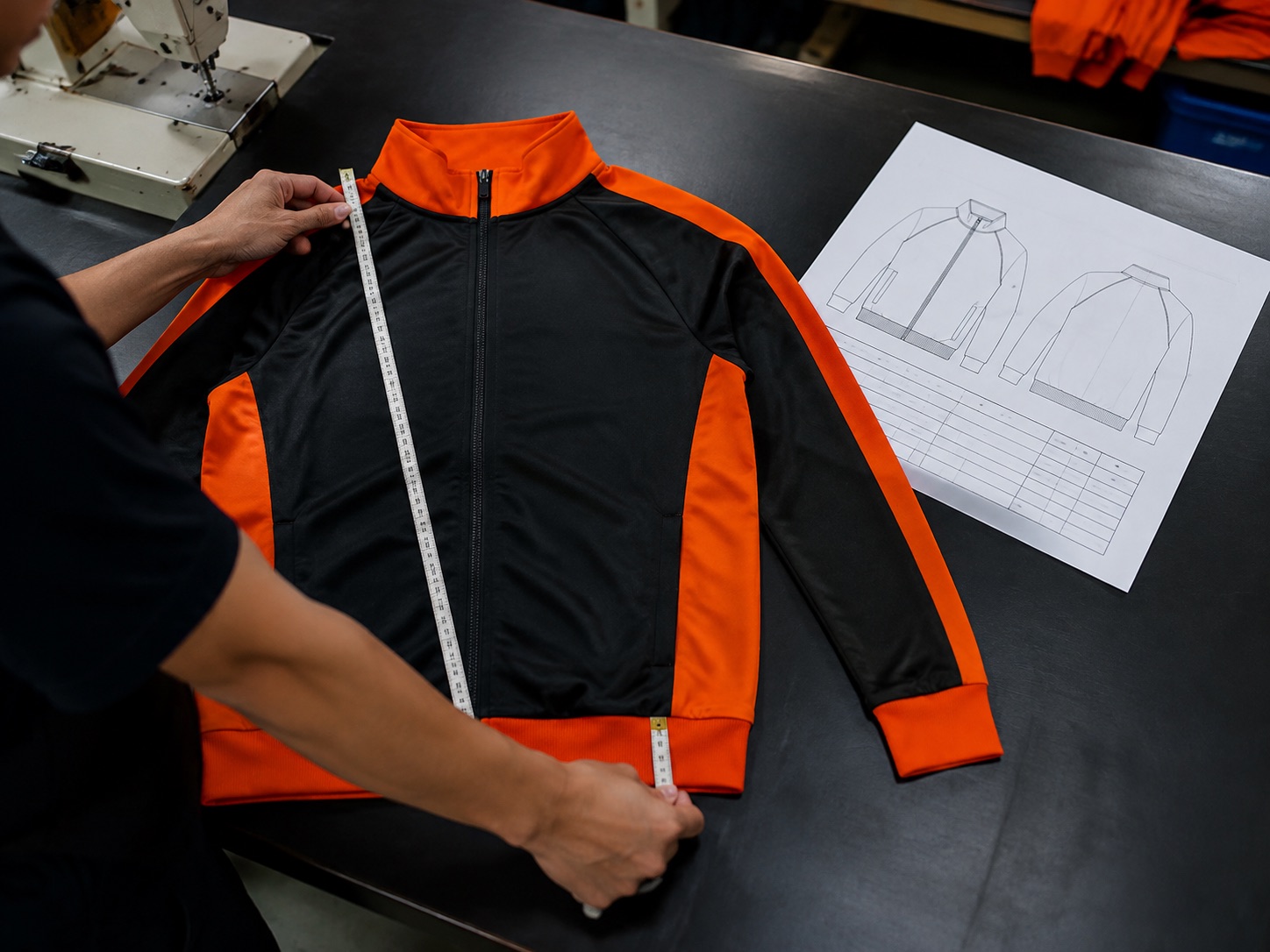 Finished garment being measured flat with a tape against a specification sheet