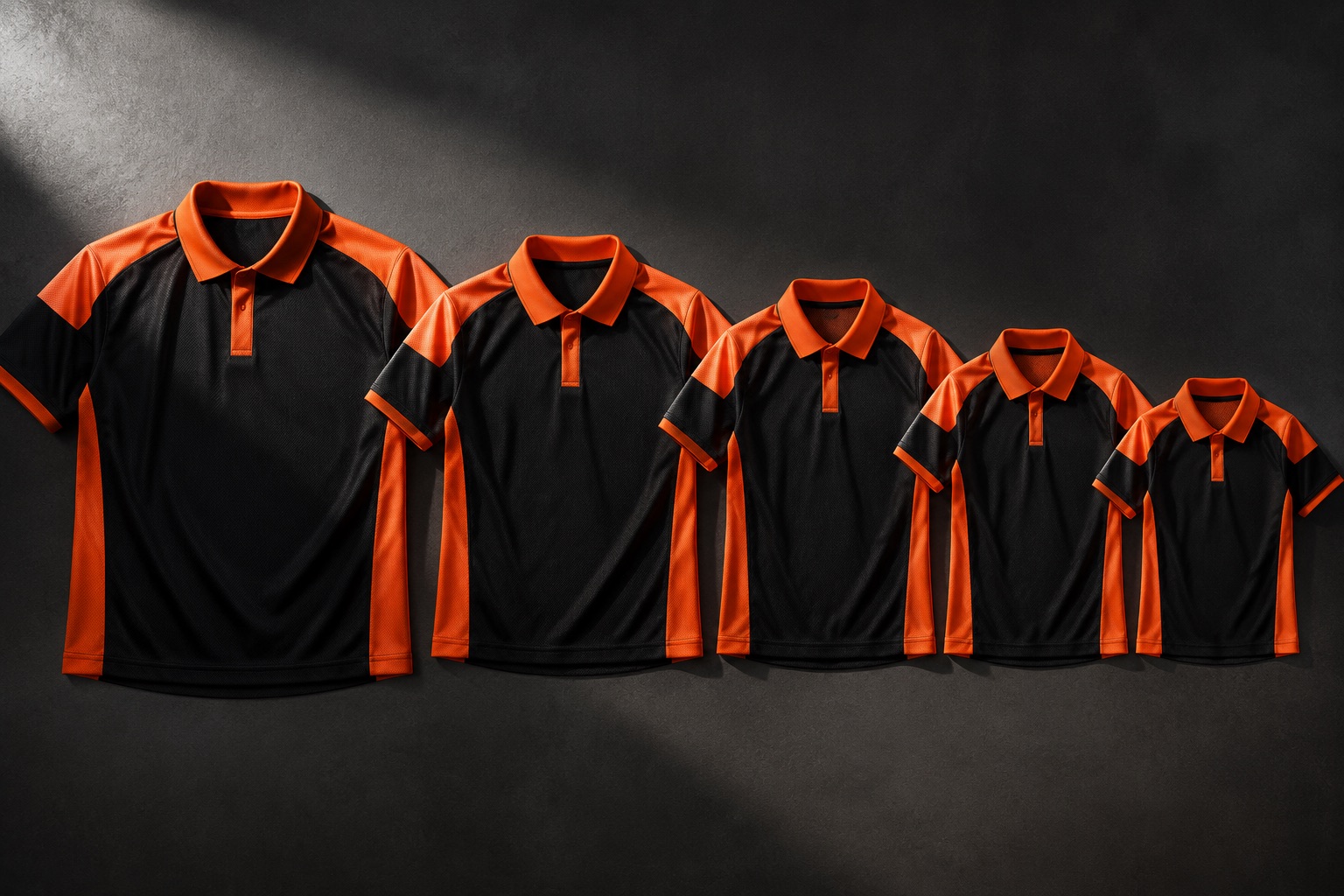 Size set of the same garment in five sizes laid out in order